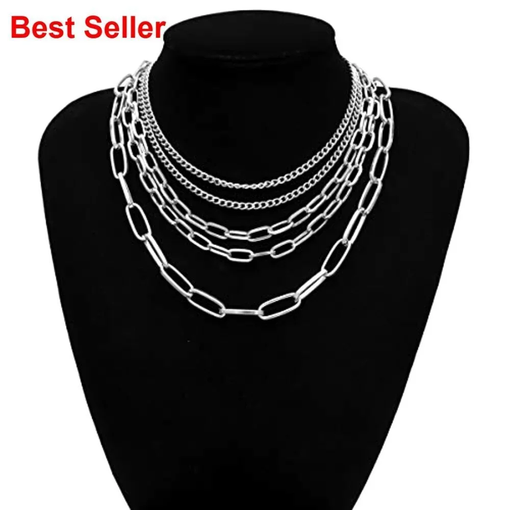 Layered Chain Necklaces Gold Plated Paperclip Chain Silver Tone Choker Punk